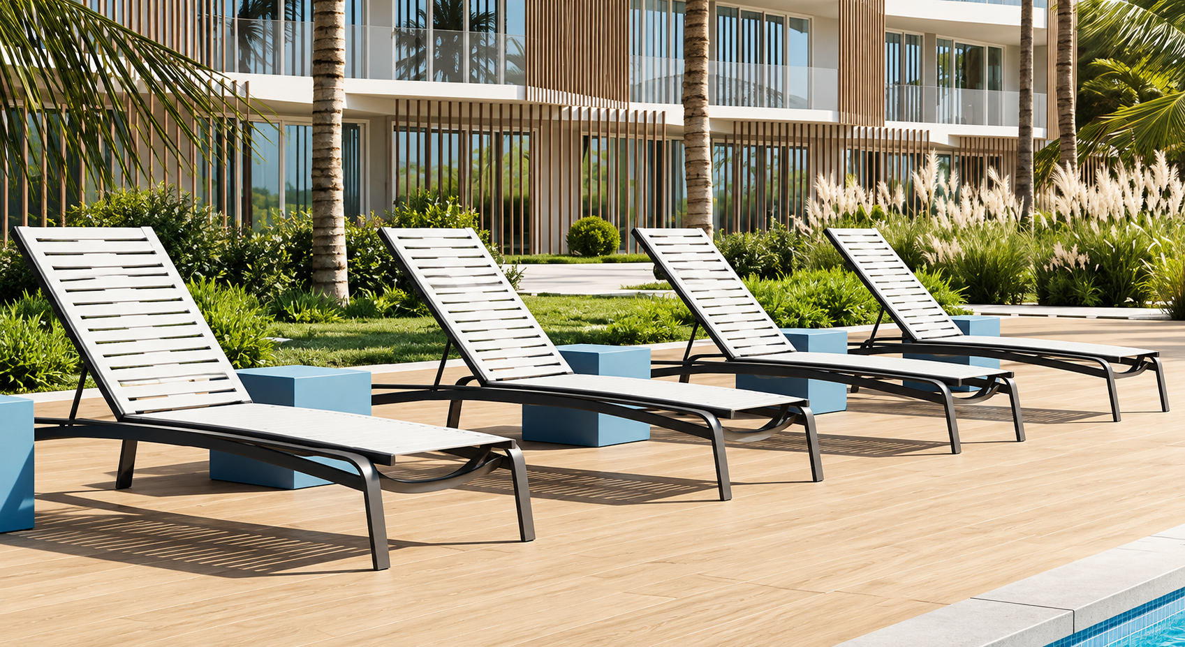 Clean commercial vinyl strap chaise lounges arranged around a modern resort pool deck after routine care and maintenance.